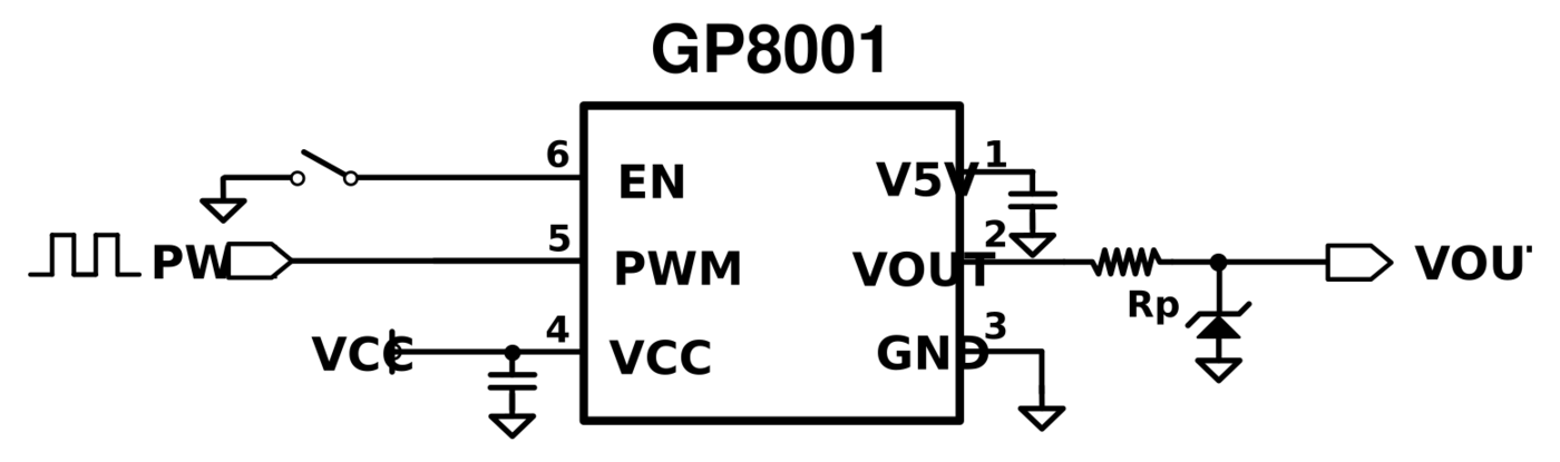 GP8001 0-10V 电压输出典型应用电路，来源于 GP8001 产品资料 PPTX。